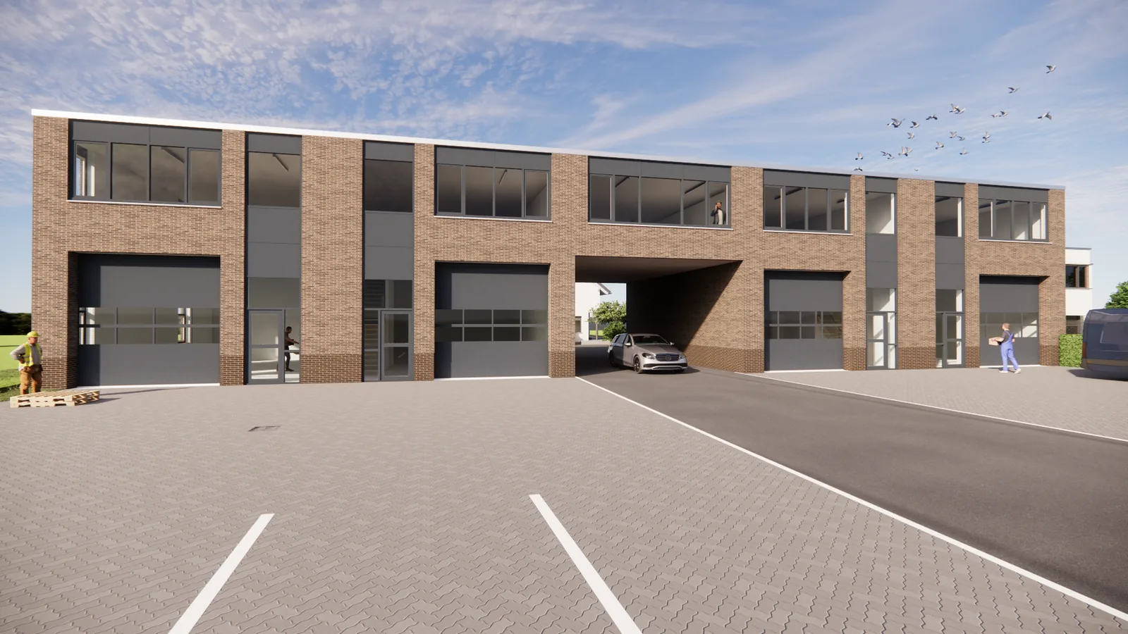 3D-visualisatie van een bedrijfsverzamelgebouw